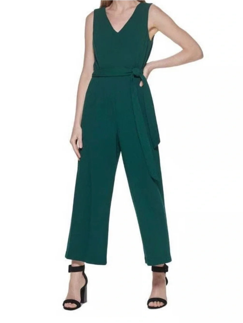 Calvin Klein women’s Sleeveless V-Neck Wide-Leg Jumpsuit in Deep Green size 12